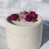 Love & Stones - Forever - A Raw Rose Quartz Crystal Infused Scented Tiny White Ceramic Candle